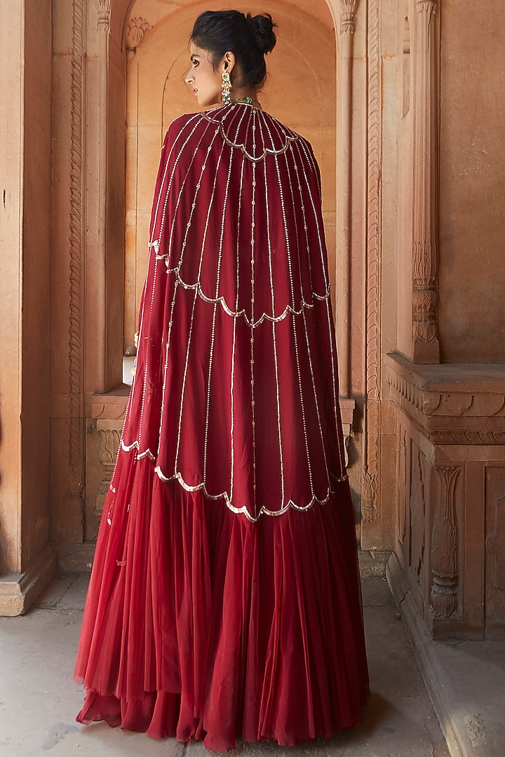 Burgundy Organza Jacket Wedding Lehenga Set by Charu & Vasundhara at Pernia's Pop Up Shop
