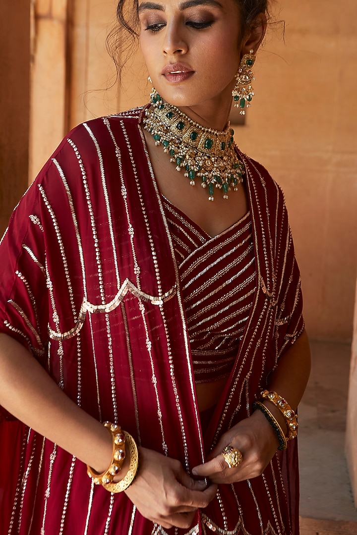 Burgundy Organza Jacket Wedding Lehenga Set by Charu & Vasundhara at Pernia's Pop Up Shop