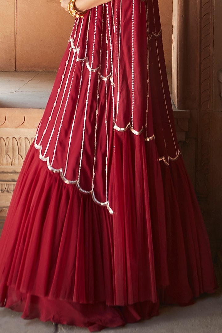 Burgundy Organza Jacket Wedding Lehenga Set by Charu & Vasundhara at Pernia's Pop Up Shop