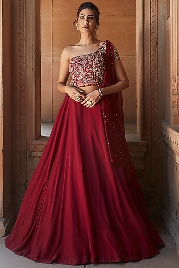 Ox Blood Red Tussar Hand Embroidered Party Wear Gown With Dupatta by Charu & Vasundhara at Pernia's Pop Up Shop