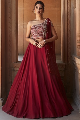 Ox Blood Red Tussar Hand Embroidered Gown With Dupatta by Charu & Vasundhara