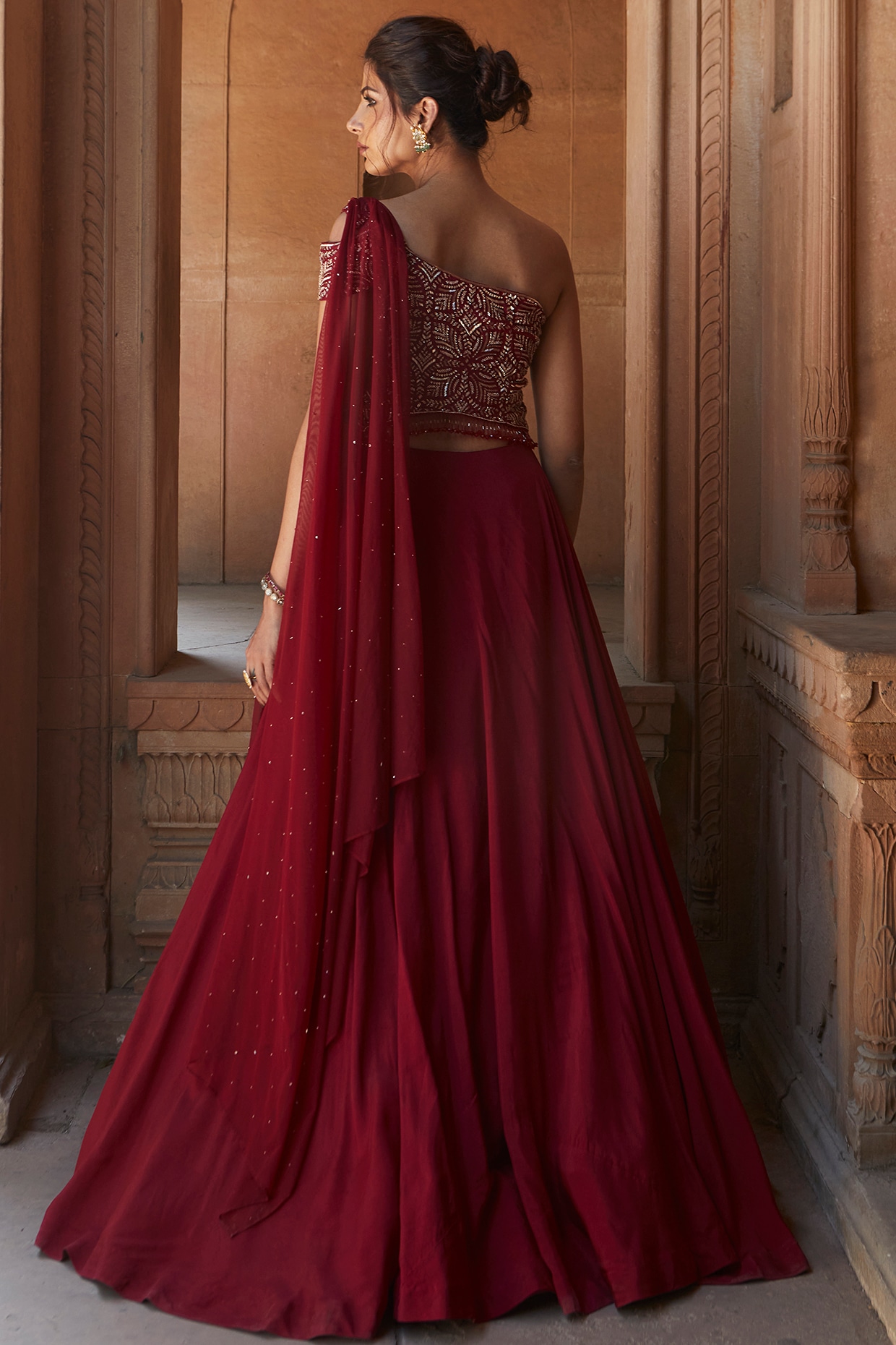 Designer Party Wear Gown with Dupatta in Wine Shade with Embroidery, G