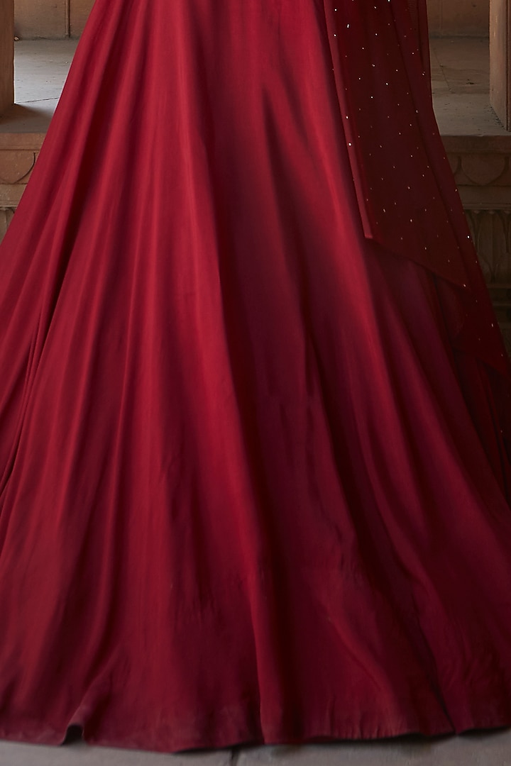 Ox Blood Red Tussar Hand Embroidered Party Wear Gown With Dupatta by Charu & Vasundhara at Pernia's Pop Up Shop