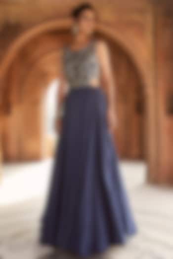 Medieval Blue Hand Embroidered Party Wear Gown by Charu & Vasundhara at Pernia's Pop Up Shop