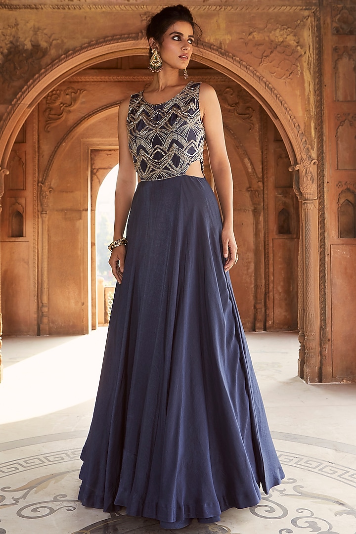 Medieval Blue Hand Embroidered Party Wear Gown by Charu & Vasundhara at Pernia's Pop Up Shop