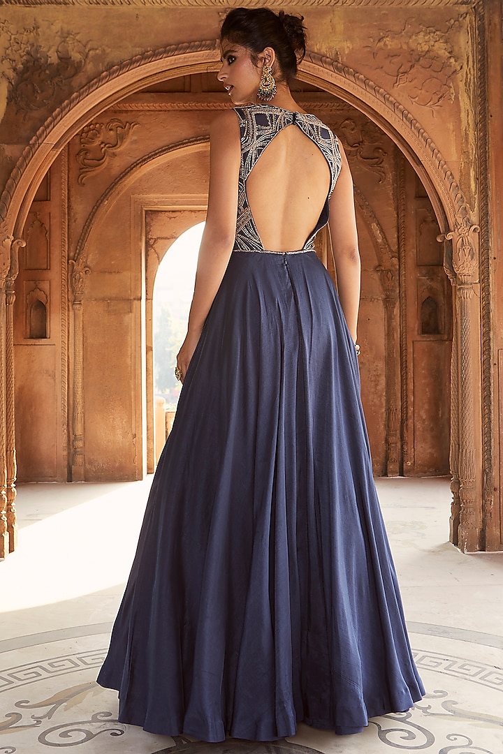Medieval Blue Hand Embroidered Party Wear Gown by Charu & Vasundhara at Pernia's Pop Up Shop