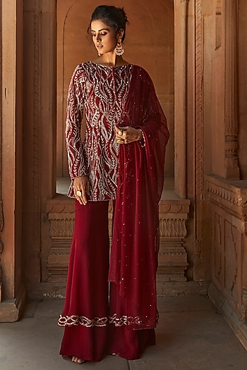 Burgundy Hand Embroidered Layered Wedding Sharara Set by Charu & Vasundhara at Pernia's Pop Up Shop