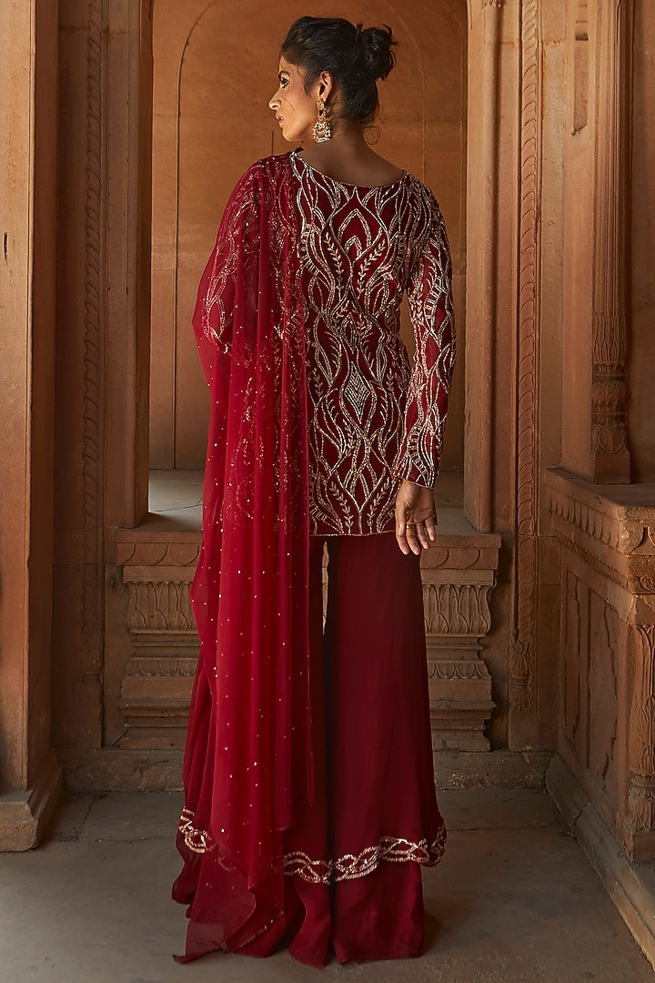 Burgundy Hand Embroidered Layered Wedding Sharara Set by Charu & Vasundhara at Pernia's Pop Up Shop