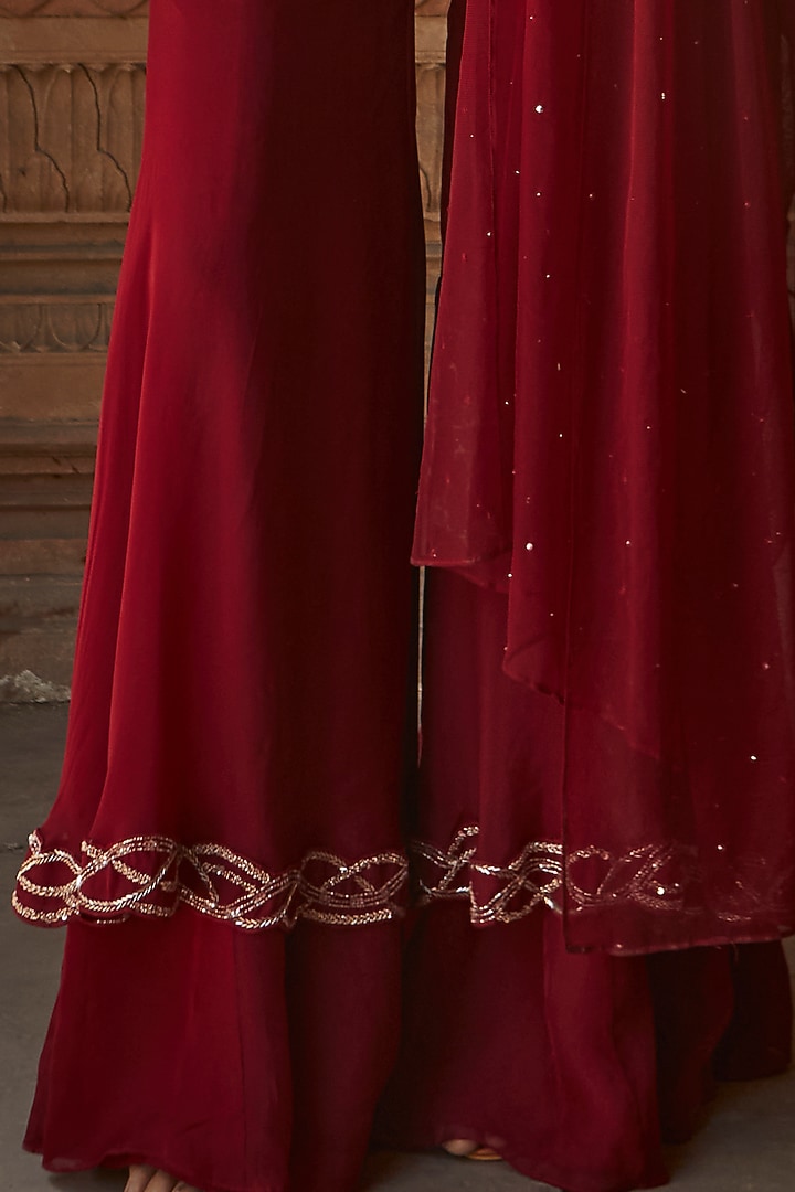 Burgundy Hand Embroidered Layered Wedding Sharara Set by Charu & Vasundhara at Pernia's Pop Up Shop