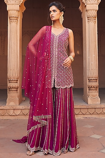 Raspberry Pink Hand Embroidered Wedding Sharara Set by Charu & Vasundhara at Pernia's Pop Up Shop