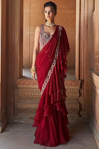 Burgundy Hand Embroidered Pre-Draped Wedding Saree Set by Charu & Vasundhara at Pernia's Pop Up Shop
