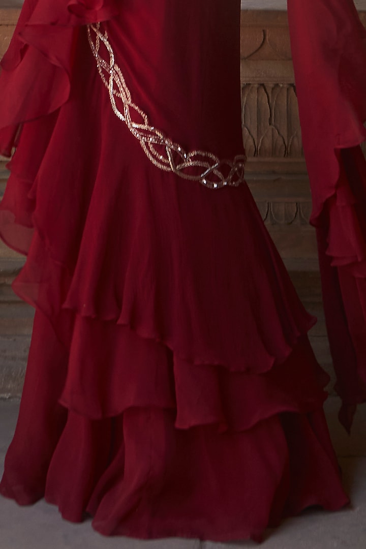 Burgundy Hand Embroidered Pre-Draped Wedding Saree Set by Charu & Vasundhara at Pernia's Pop Up Shop