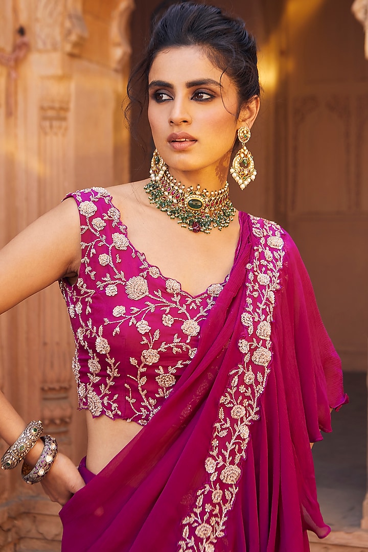 Raspberry Pink Hand Embroidered Pre-Draped Wedding Saree Set by Charu & Vasundhara at Pernia's Pop Up Shop
