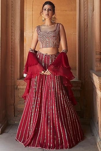Burgundy Hand Embroidered Wedding Lehenga Set by Charu & Vasundhara at Pernia's Pop Up Shop