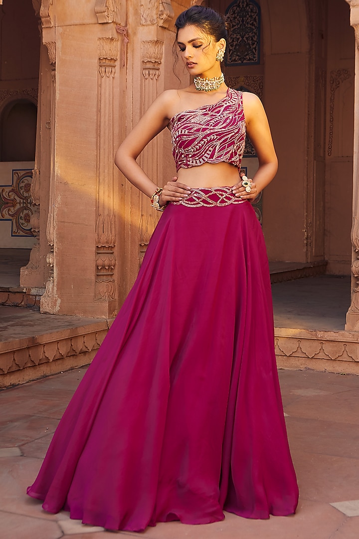 Raspberry Pink Hand Embroidered Lehenga Set by Charu & Vasundhara