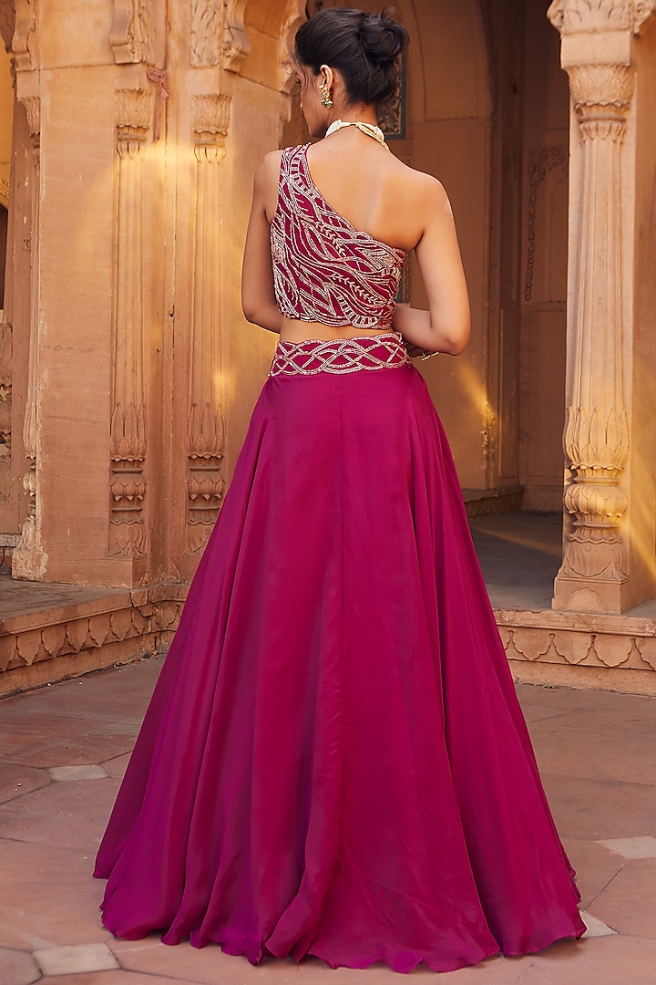 Raspberry Pink Hand Embroidered Lehenga Set by Charu Vasundhara