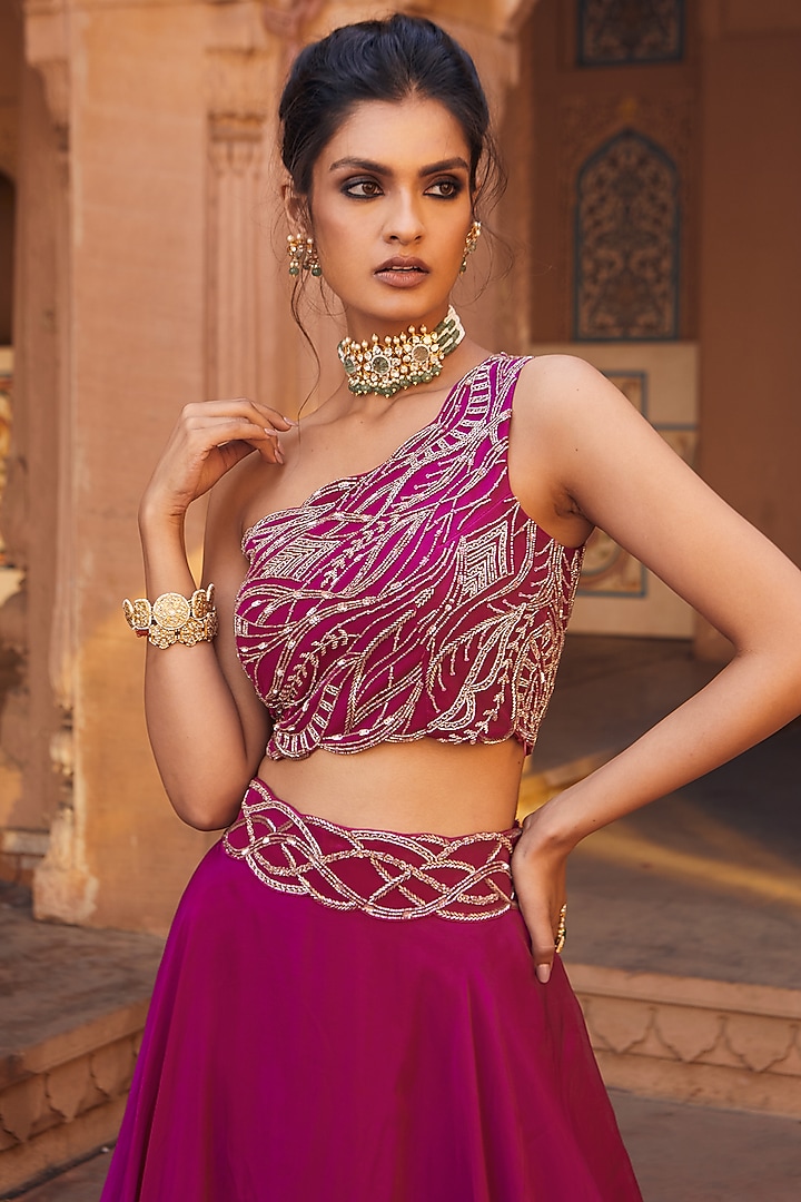 Raspberry Pink Hand Embroidered Lehenga Set by Charu & Vasundhara at Pernia's Pop Up Shop