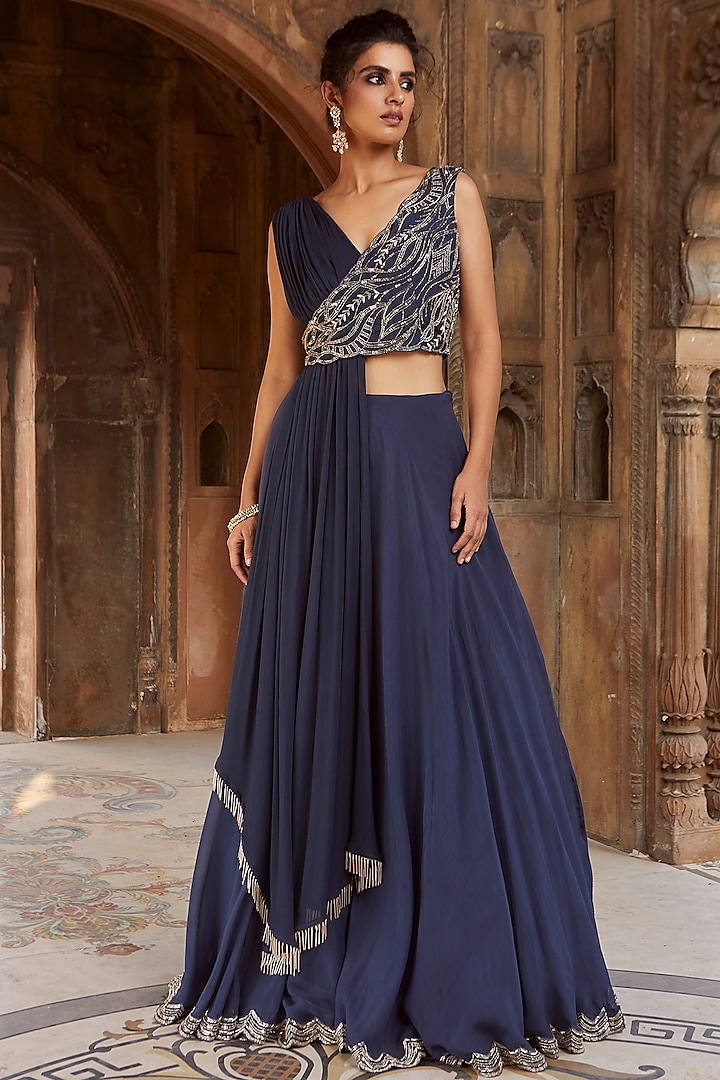 Medieval Blue Hand Embroidered Wedding Lehenga Set by Charu & Vasundhara at Pernia's Pop Up Shop