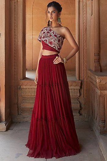 Burgundy Net Gathered Skirt Set by Charu & Vasundhara at Pernia's Pop Up Shop