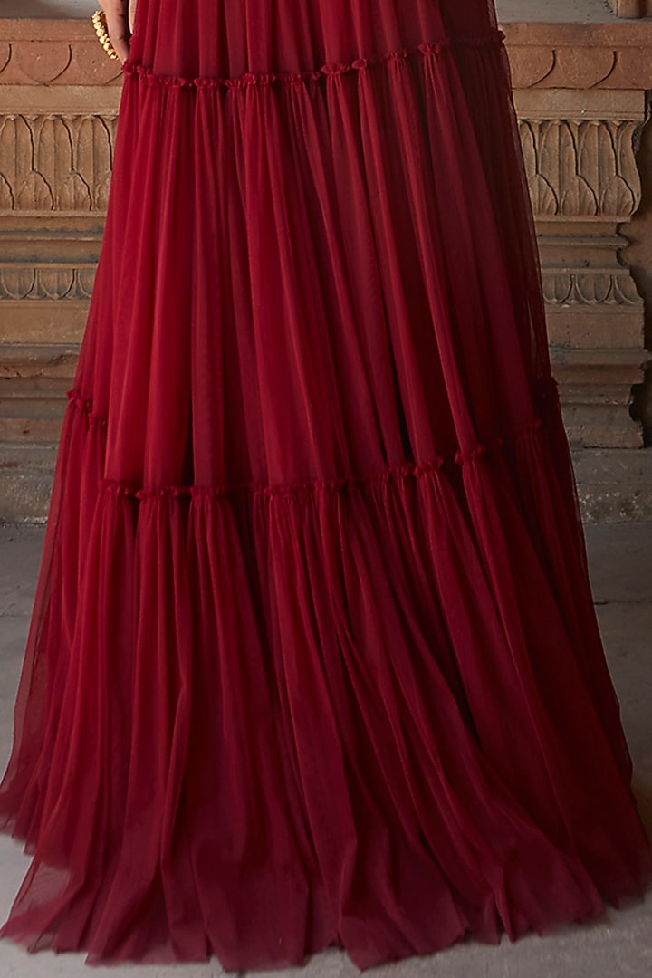 Burgundy Net Gathered Skirt Set by Charu & Vasundhara at Pernia's Pop Up Shop
