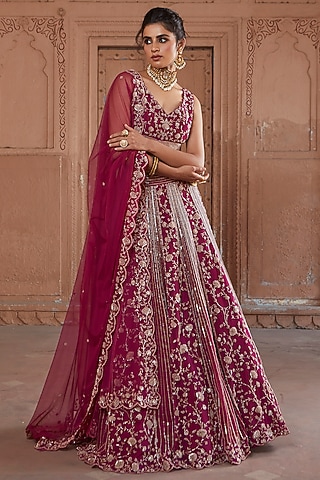 Raspberry Pink Embroidered Lehenga Set by Charu & Vasundhara
