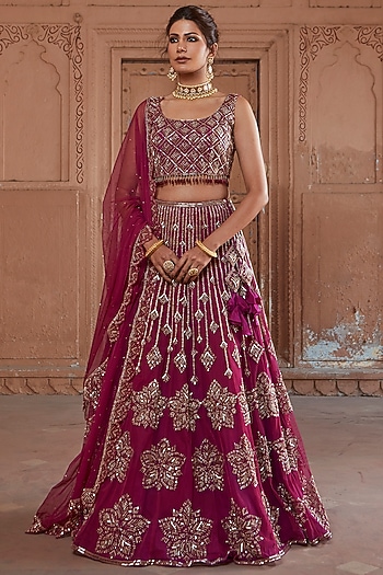 Raspberry Pink Wedding Lehenga Set With Hand Embroidery by Charu & Vasundhara at Pernia's Pop Up Shop