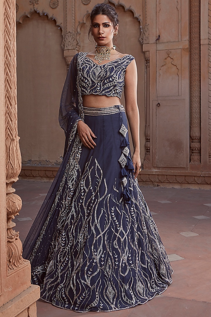 Medieval Blue Embroidered Wedding Lehenga Set by Charu & Vasundhara at Pernia's Pop Up Shop