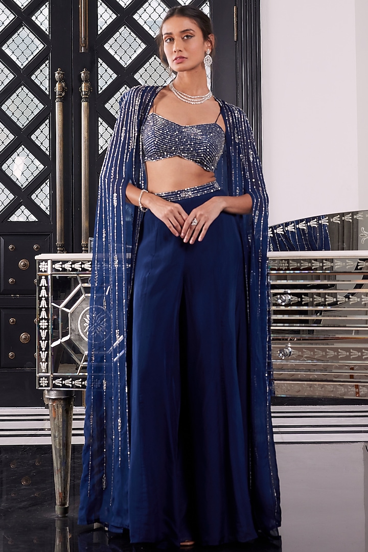 Electric Blue Hand Embroidered Cape Set by Charu & Vasundhara