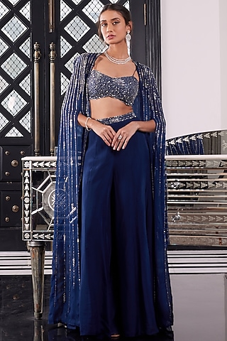 Electric Blue Hand Embroidered Cape Set by Charu & Vasundhara