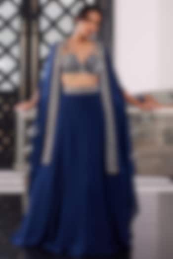Electric Blue Cape Set With Embroidery by Charu & Vasundhara