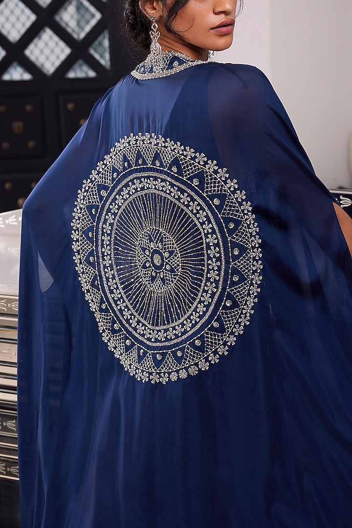 Electric Blue Habutai Hand Embroidered Cape Set by Charu & Vasundhara at Pernia's Pop Up Shop