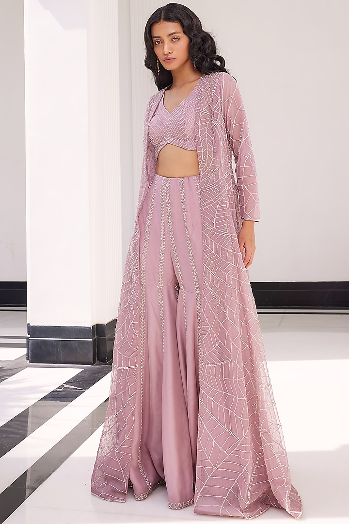 Lilac Pink Embroidered Cape Set by Charu & Vasundhara