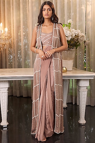 Lavender Crepe Pleated Jacket Saree Set by Charu & Vasundhara