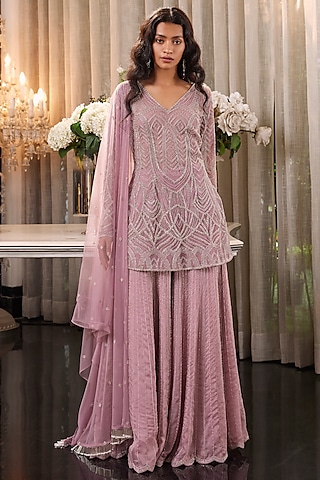 Lilac Pink Sharara Set In Organza by Charu & Vasundhara