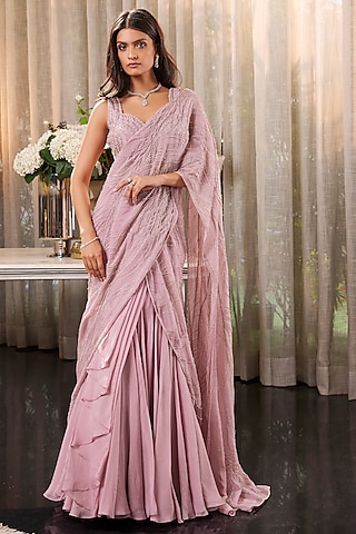 Fusion Drape Saree- Ready To Wear- Pastel Ivory – Dharang