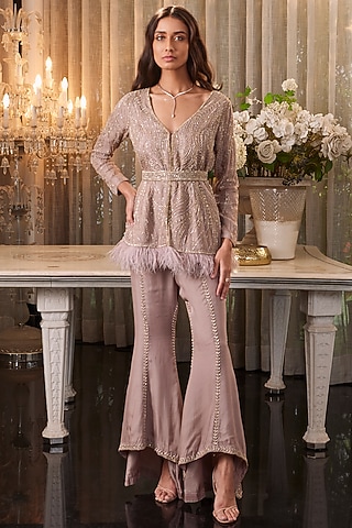 Lavender Embroidered Jacket Set by Charu & Vasundhara