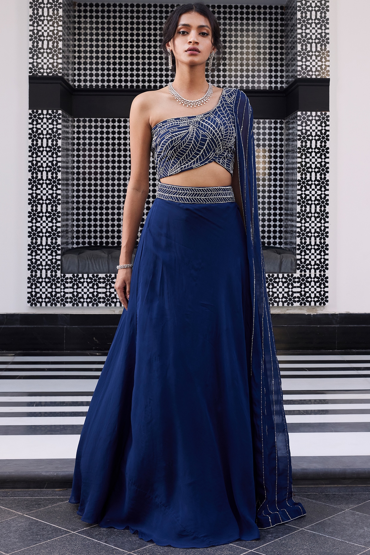 Runaway Bride - Electric Blue Embellished Half Lehenga Set With Jacket –  Roop's Couture