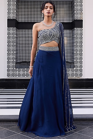 Electric Blue Embroidered Lehenga Set by Charu & Vasundhara