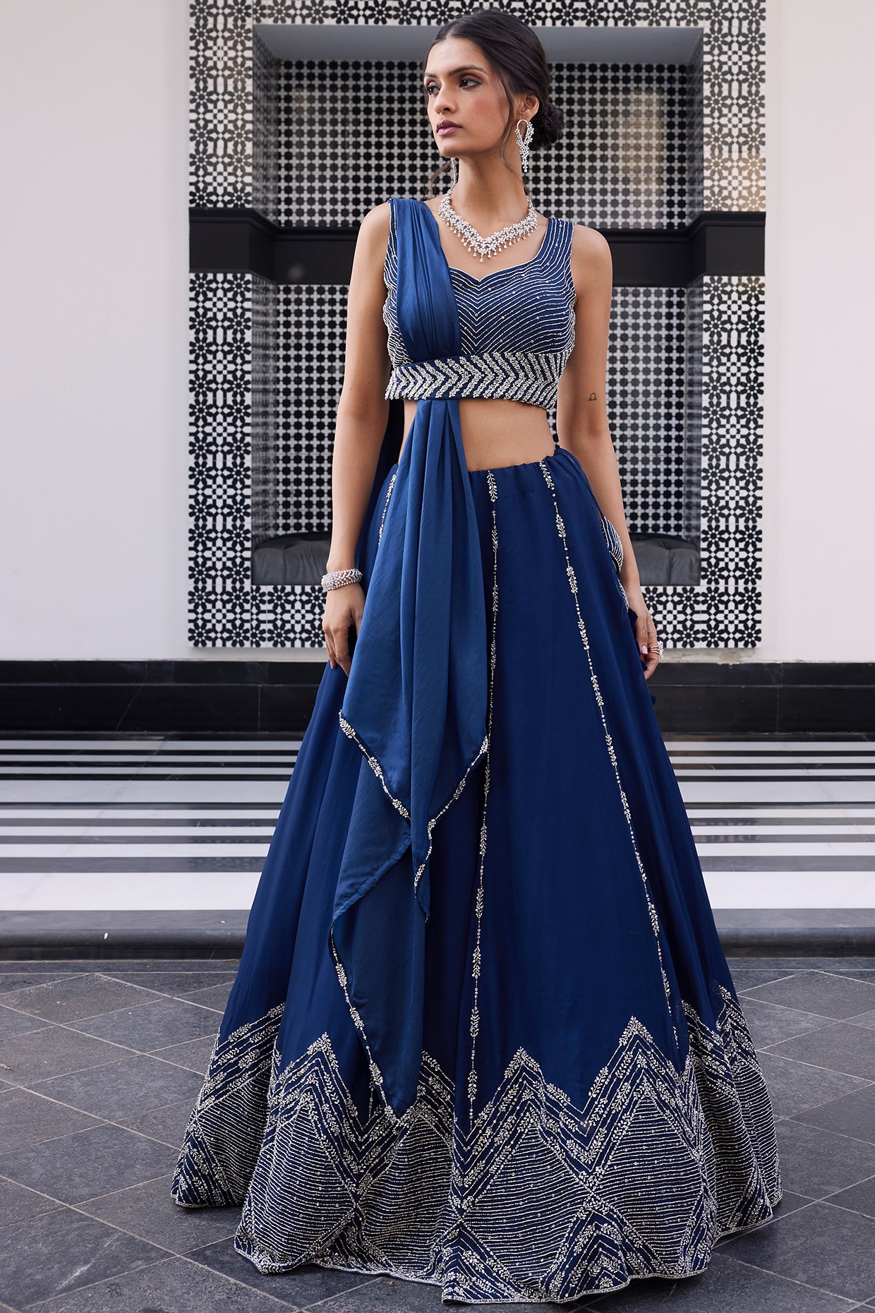 Wedding Wear Designer Lehenga Choli In Navy Blue Banarasi Silk