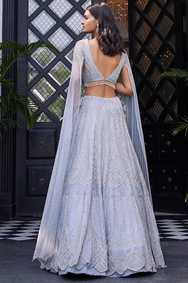 Powder Blue Net Embroidered Wedding Lehenga Set by Charu & Vasundhara at Pernia's Pop Up Shop