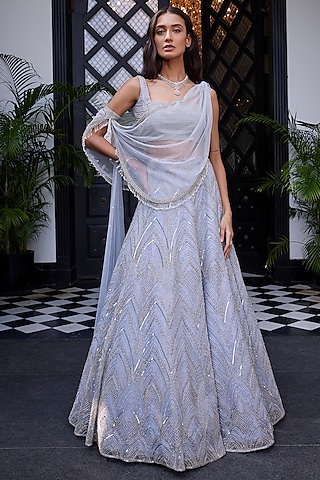 Powder Blue Hand Embroidered Lehenga Set by Charu & Vasundhara