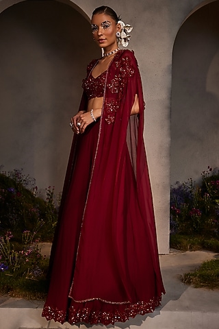 Maroon Organza Hand Embroidered Cape Set by Charu & Vasundhara