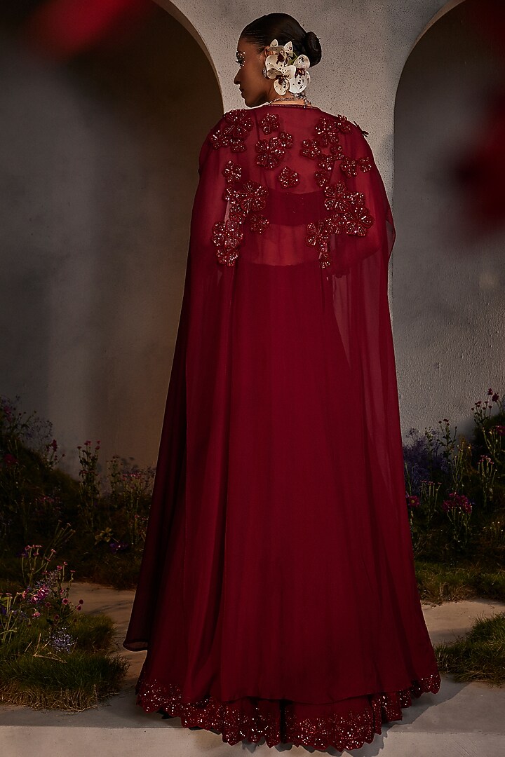 Maroon Organza Hand Embroidered Cape Set by Charu & Vasundhara at Pernia's Pop Up Shop