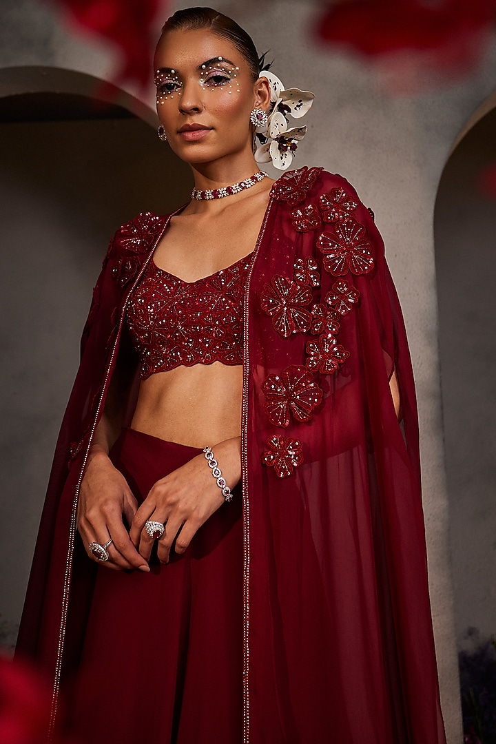 Maroon Organza Hand Embroidered Cape Set by Charu & Vasundhara at Pernia's Pop Up Shop