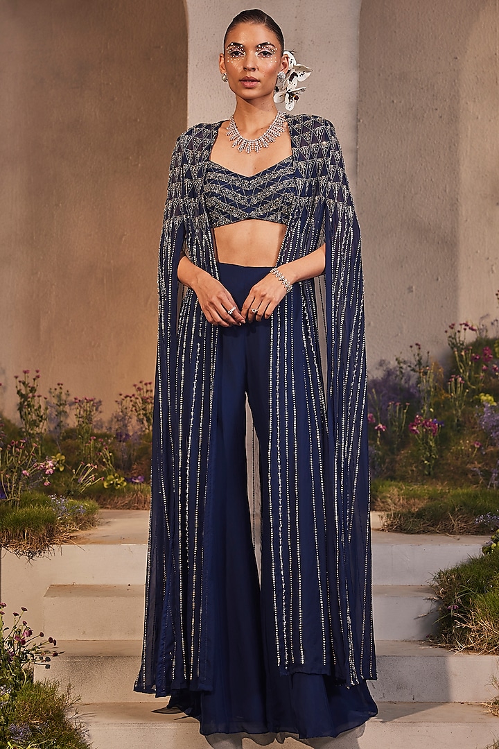 Electric Blue Organza Hand Embroidered Cape Set by Charu & Vasundhara