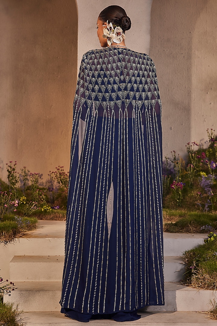 Electric Blue Organza Hand Embroidered Cape Set by Charu & Vasundhara at Pernia's Pop Up Shop