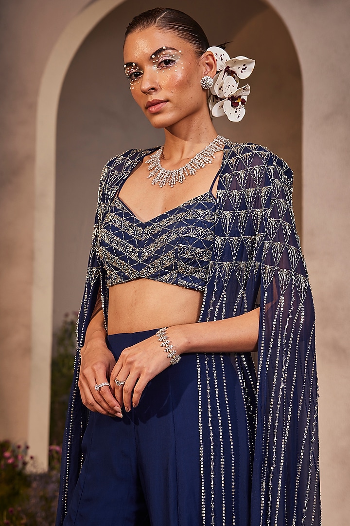 Electric Blue Organza Hand Embroidered Cape Set by Charu & Vasundhara at Pernia's Pop Up Shop