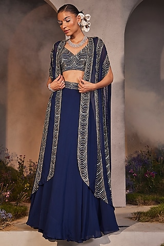 Electric Blue Organza Hand Embroidered Kimono Cape Set by Charu & Vasundhara