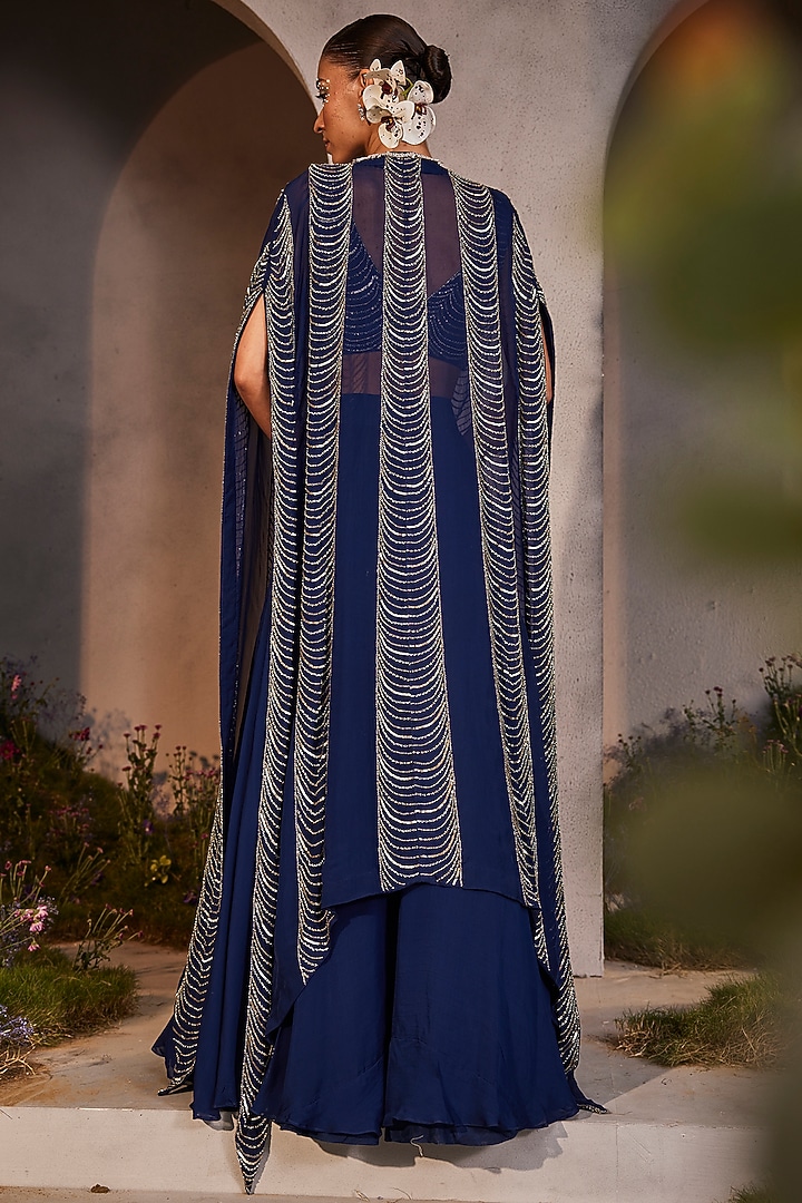 Electric Blue Organza Hand Embroidered Kimono Cape Set by Charu & Vasundhara at Pernia's Pop Up Shop