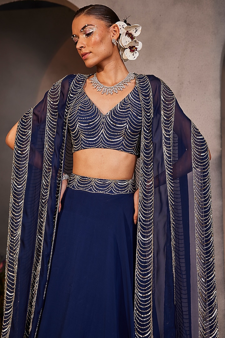 Electric Blue Organza Hand Embroidered Kimono Cape Set by Charu & Vasundhara at Pernia's Pop Up Shop